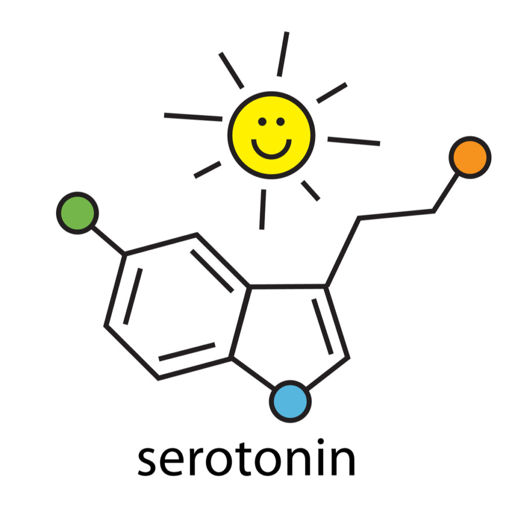 A drawing of serotonin molecule with sun and dots.