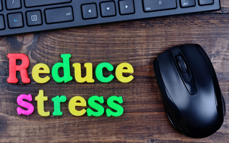 colorful letters spelling "Reduce stress" for better cognitive function health.