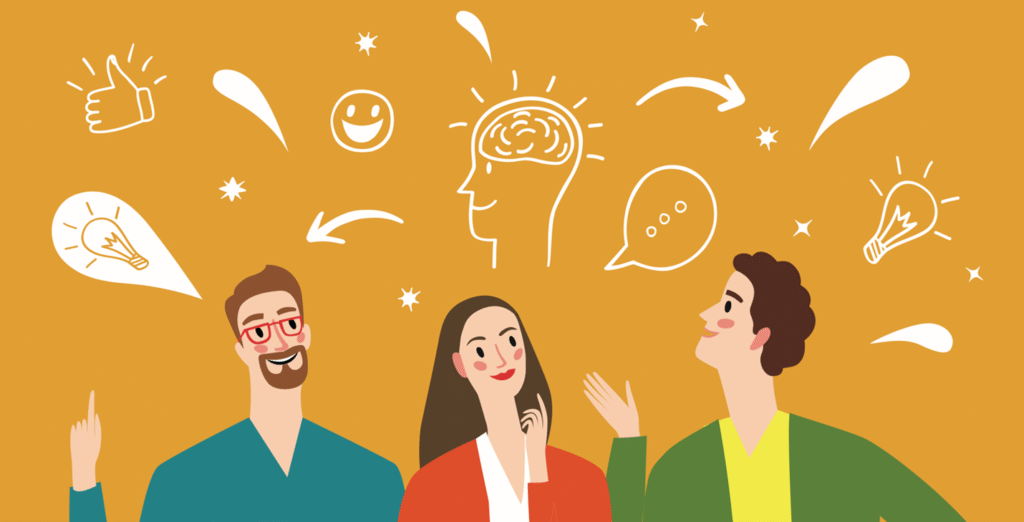 Cartoon: Group generating ideas for improving cognitive function and brain performance